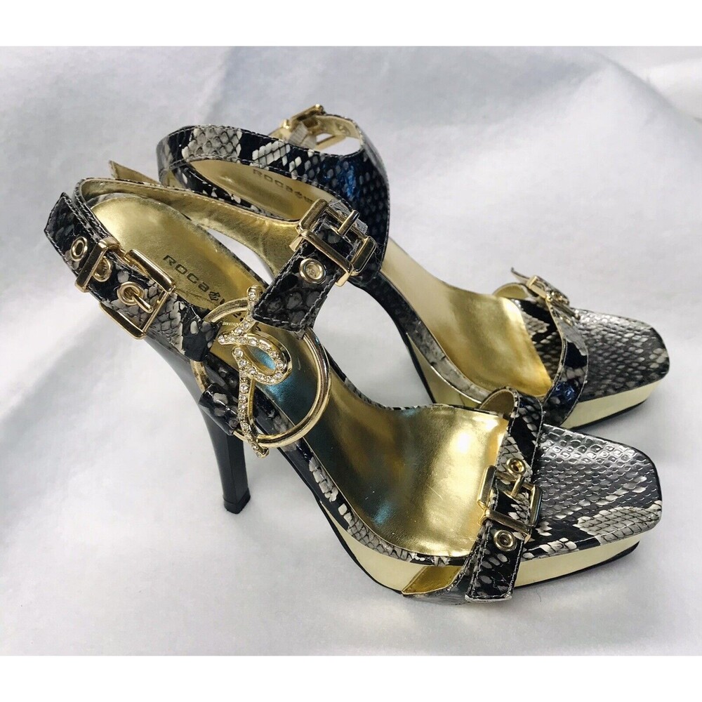 ROCAWEAR Black Gold Snakeskin  Strappy rhinestone accents 8 Stiletto Heels Shoe